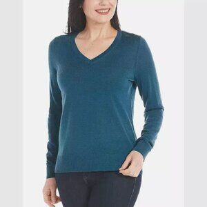 Katherine Barclay New Extra Fine Merino Wool V Neck Sweater Size S Teal Blue NWT